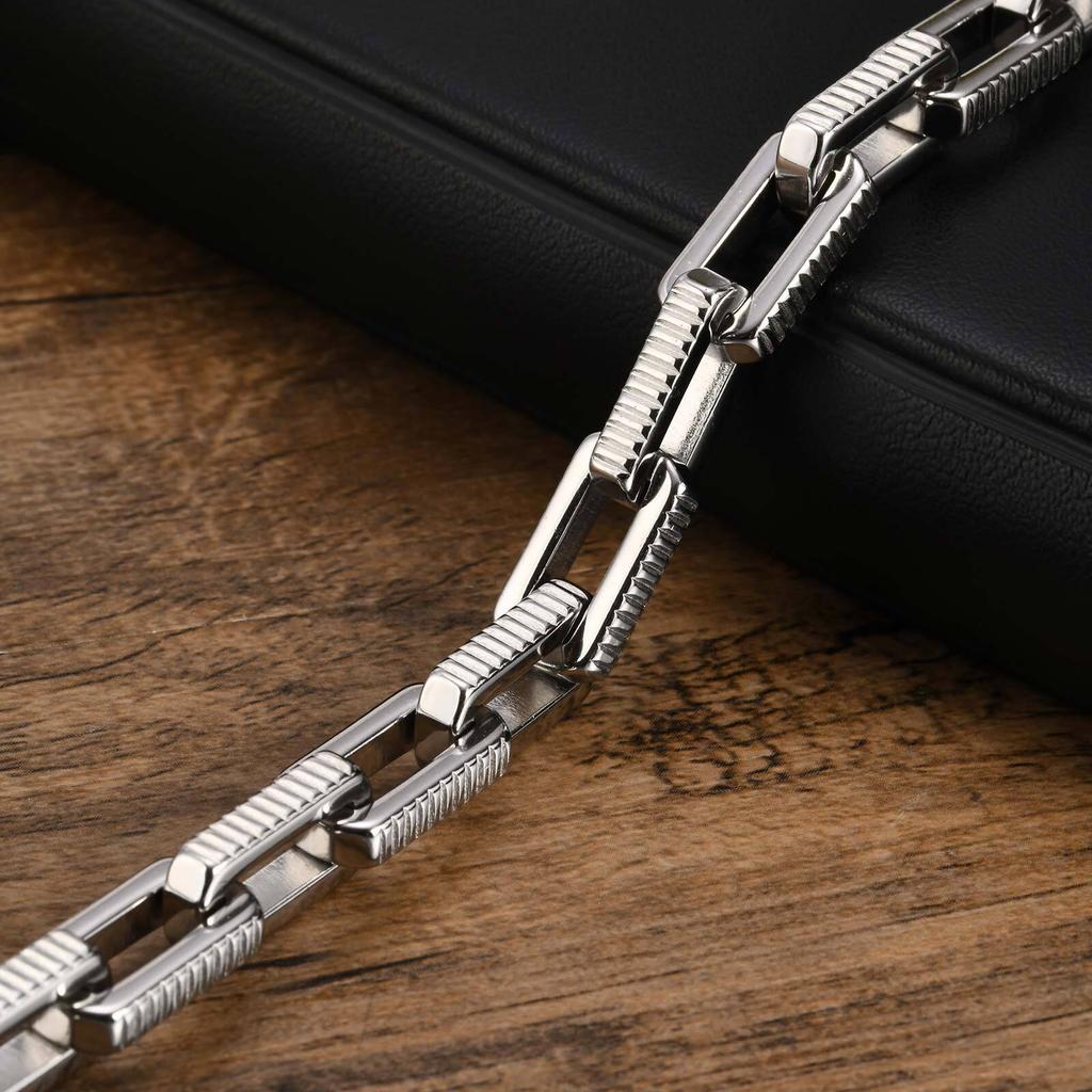 Chunky Rectangle Chain Bracelet for Men,Stainless Steel Textured Square Chain Wristband,Valentine's Father's Day Birthday Gift