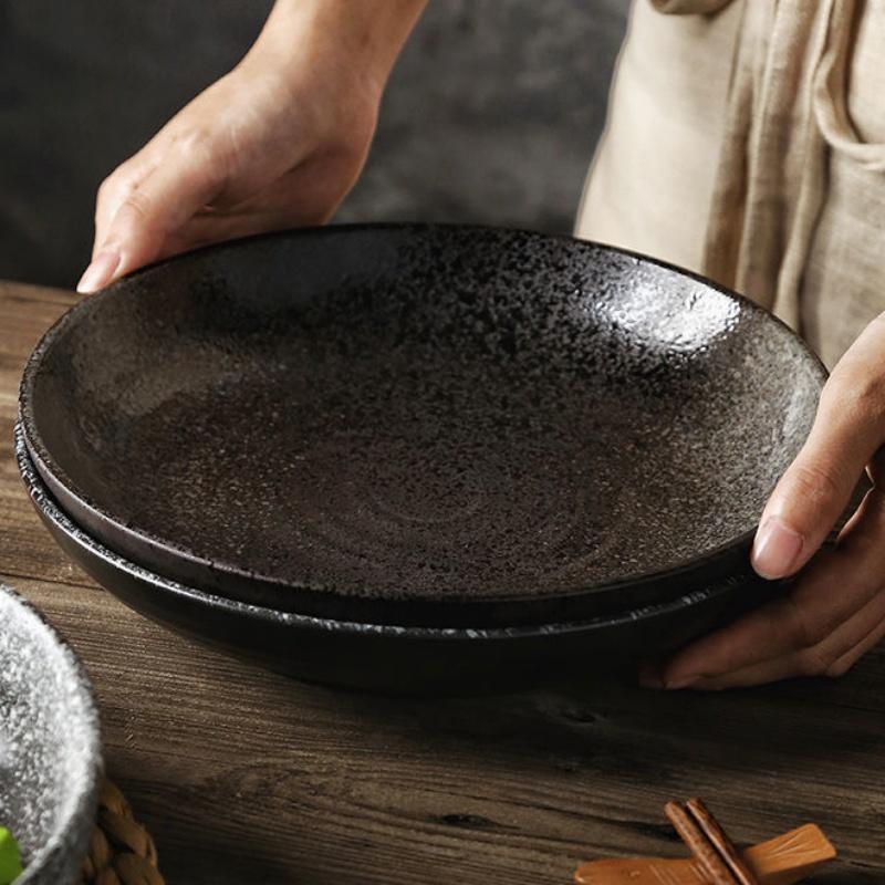 Multifunction Black Circle Dinner Plate Creative Salad Bowl Ceramic Dessert Tray Steak Pasta Dish Dinnerware Microwave Safe