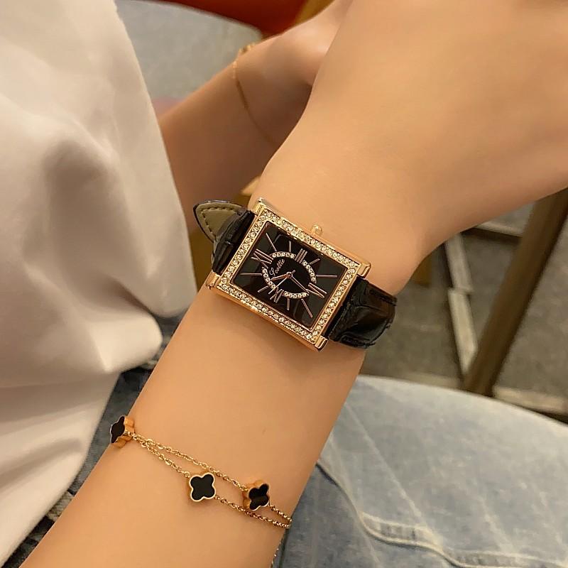 Square Quartz Ladies Watch Fashion Diamond Set Roman Vintage Watch Femininity Leather Strap