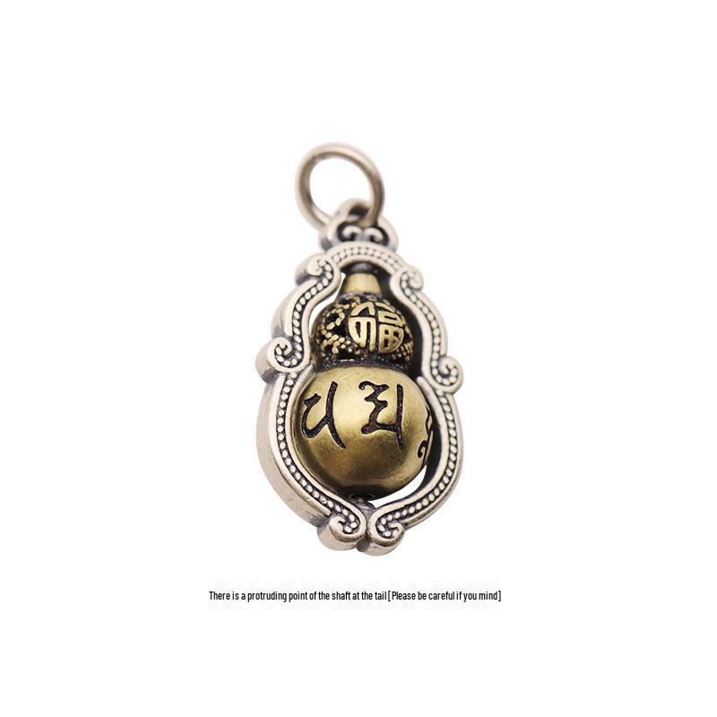 Rotatable Six-Character Mantra Copper Gourd Pendant with Matte Finish and DIY Beaded Rope.