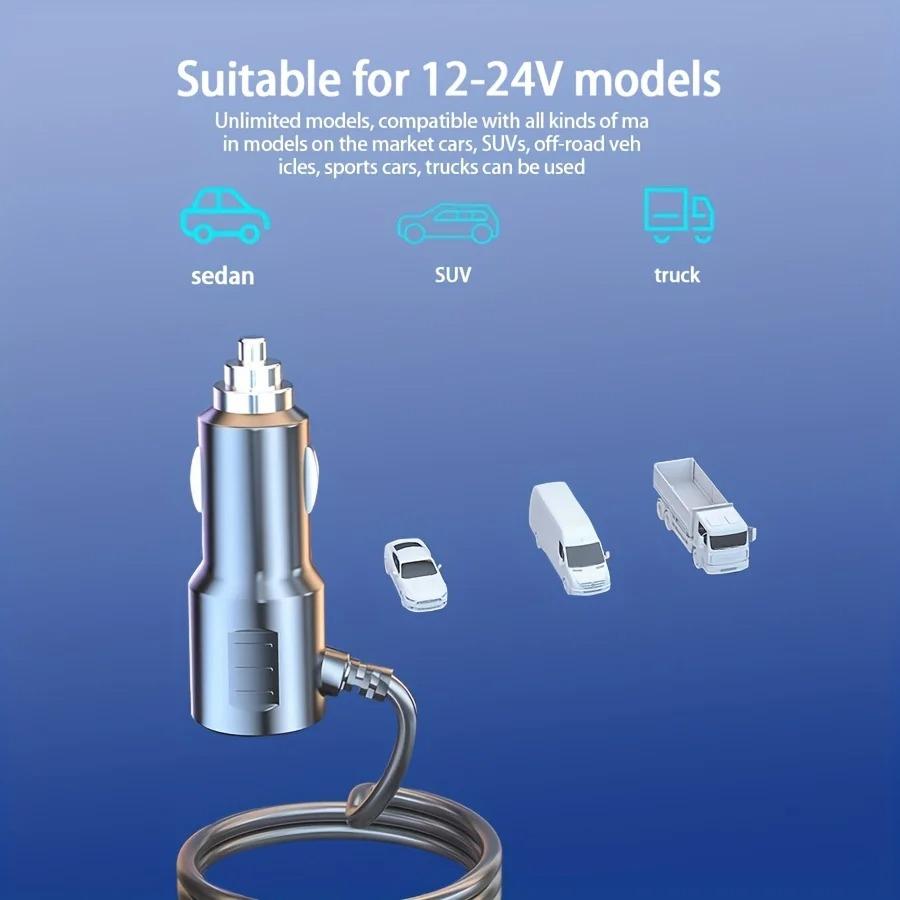 7-in-1 Car Charger Splitter with 4 Sockets and USB/PD Ports, 12–24V Fast Charging Adapter with Safety Fuse and Long Cable