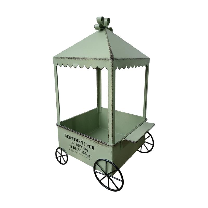 Decorative Garden Flower Cart Planter, Iron Wagon Pot Display with Canopies and Open Storage Tray for Home Patios Courtyards Display