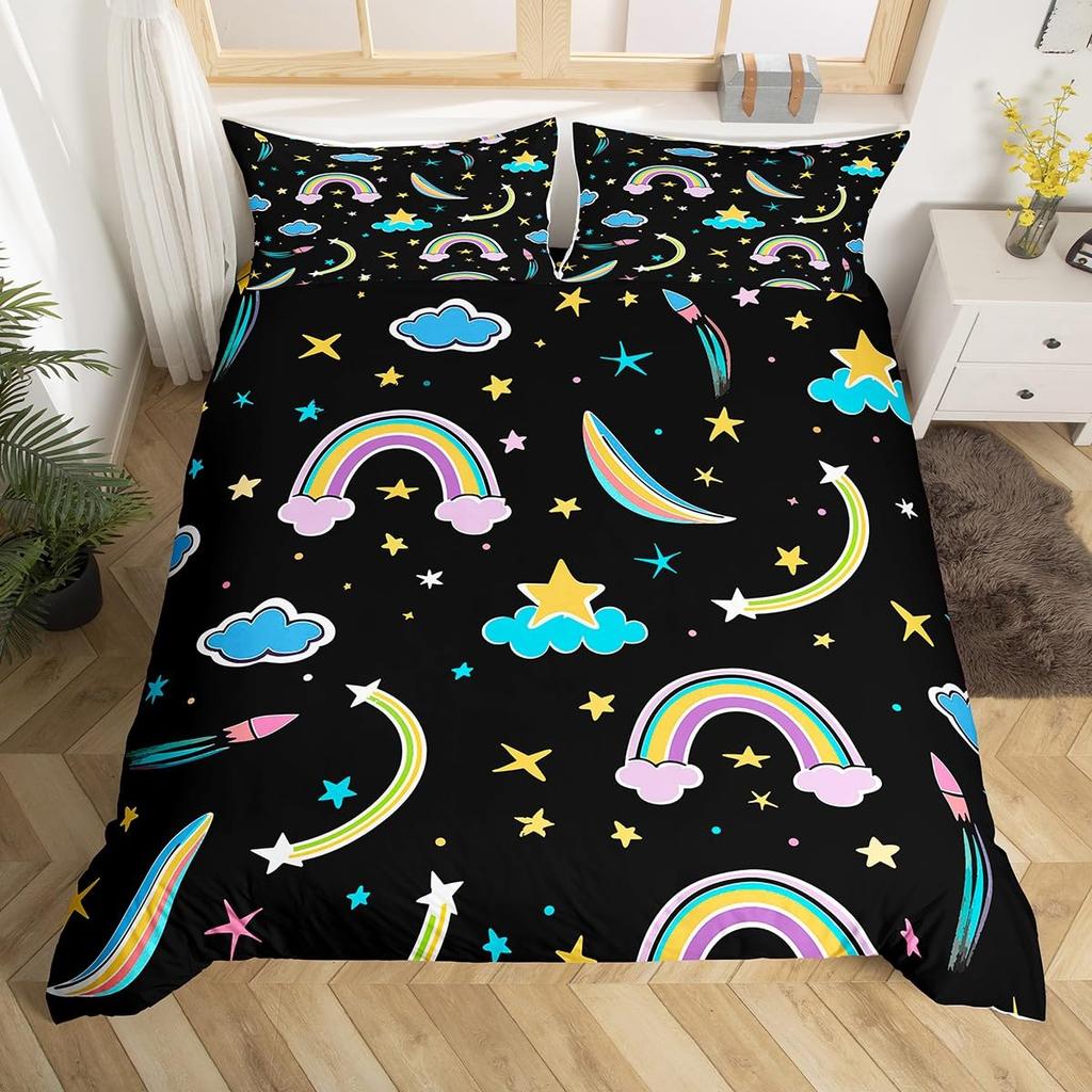 Rainbow Comforter Cover Watercolor Hand Drawn Duvet Cover Cartoon Raindrop Kawaii Bedding Set Girl Crown Love Hearts Quilt Cover