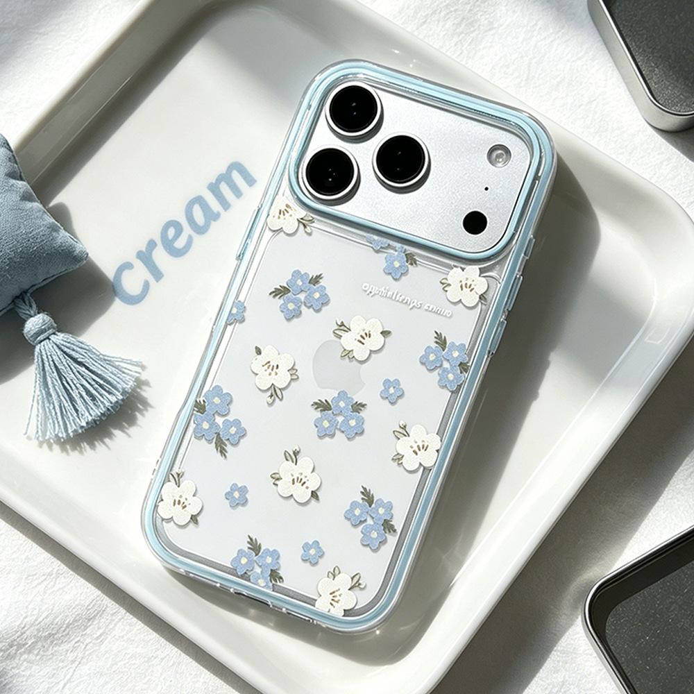 Blue Fresh Floral Application Apple 17/16 Pro Contrasting Color Mobile Phone Case Ins Spring Anti-drop iPhone15 Women
