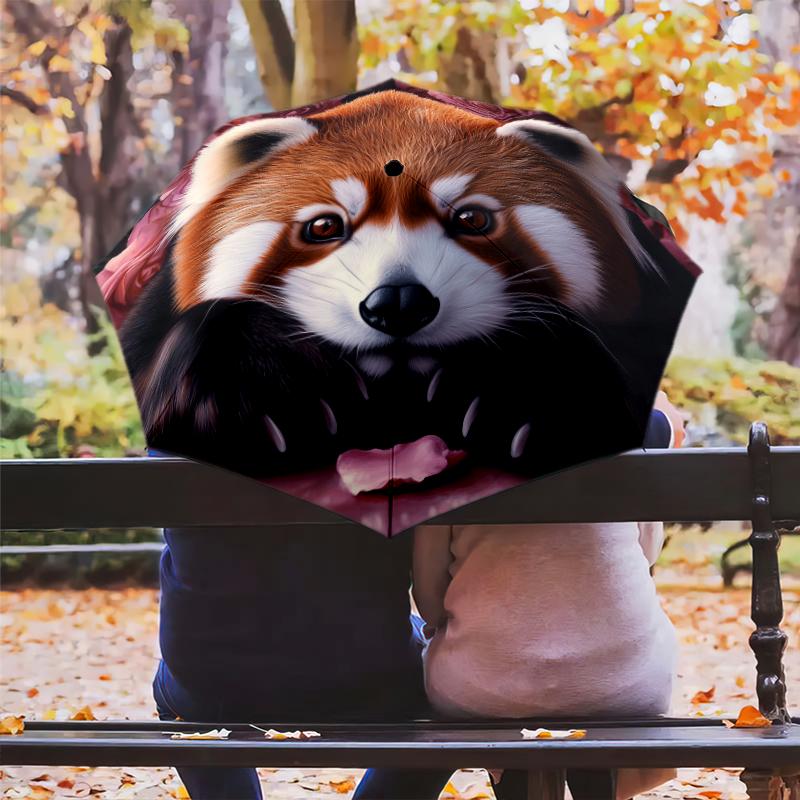 Red Panda and Rose pattern, automatic folding umbrella, portable and foldable design, 8 ribs, a Christmas or birthday gift.