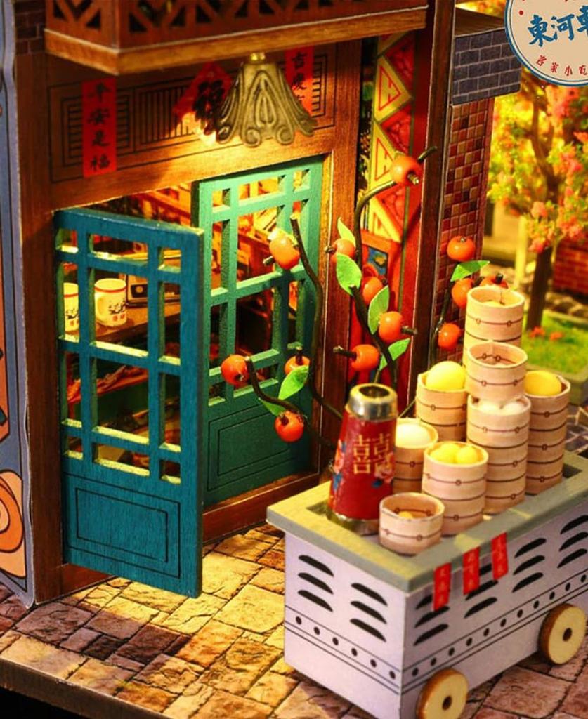 moin moin scale dollhouse miniature DIY kit set instructions Little World in a bookend bookshelf meat food stall Includes LED acrylic and music box
