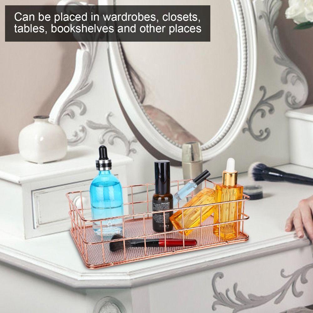 Iron Grid Wire Storage Basket Rose Gold Multipurpose Wire Storage Organizer 24.1× 16.2× 6.4cm Exquisite Metal Storage Organizer
