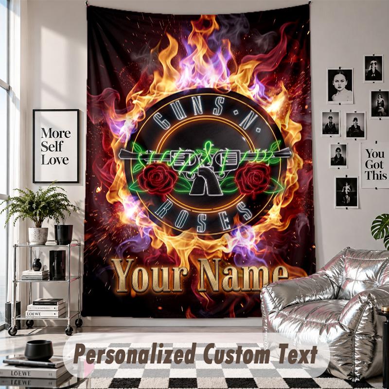 Wall Hanging Tapestry With Custom Name & Text, Guns N’ Roses Decorative Tapestry For Bedroom