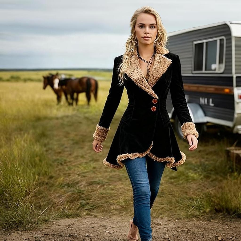 Women's Denim Western Retro Trench Coat, Plush Fashion And Warmth, Fleece Jacket