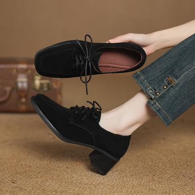 Fashion 2025 New Spring Women Pumps Kid Suede Shoes for Women Square Toe Chunky Heel Shoes Women Loafers Designer Ladies Shoes