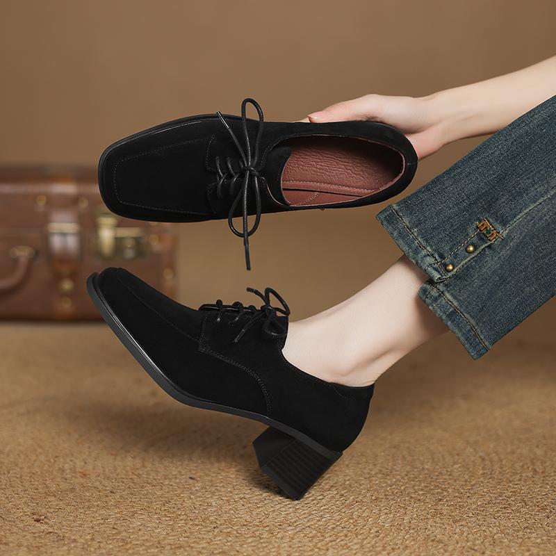 Fashion 2025 New Spring Women Pumps Kid Suede Shoes for Women Square Toe Chunky Heel Shoes Women Loafers Designer Ladies Shoes