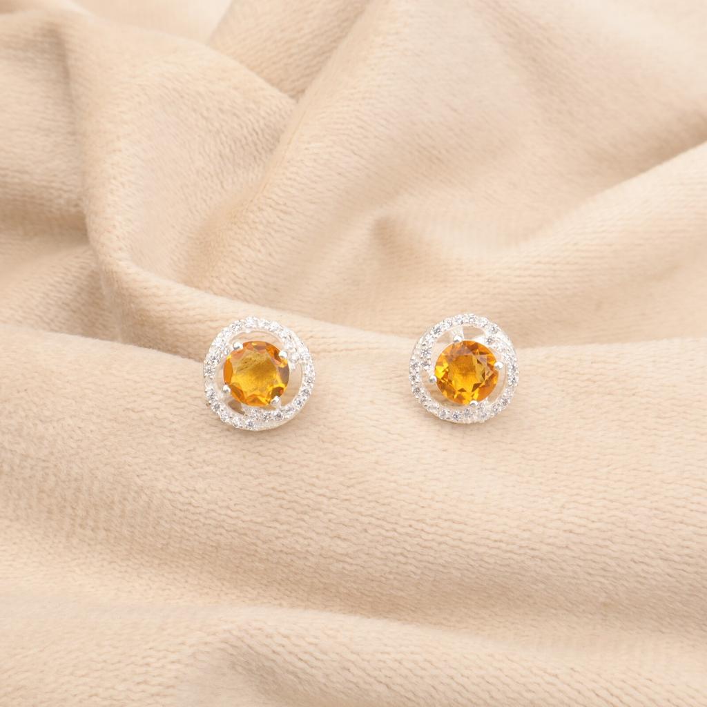 Natural Citrine Gemstone 925 Sterling Silver Jewelry Zircon Stud Earrings 0.41" CZE-8-2