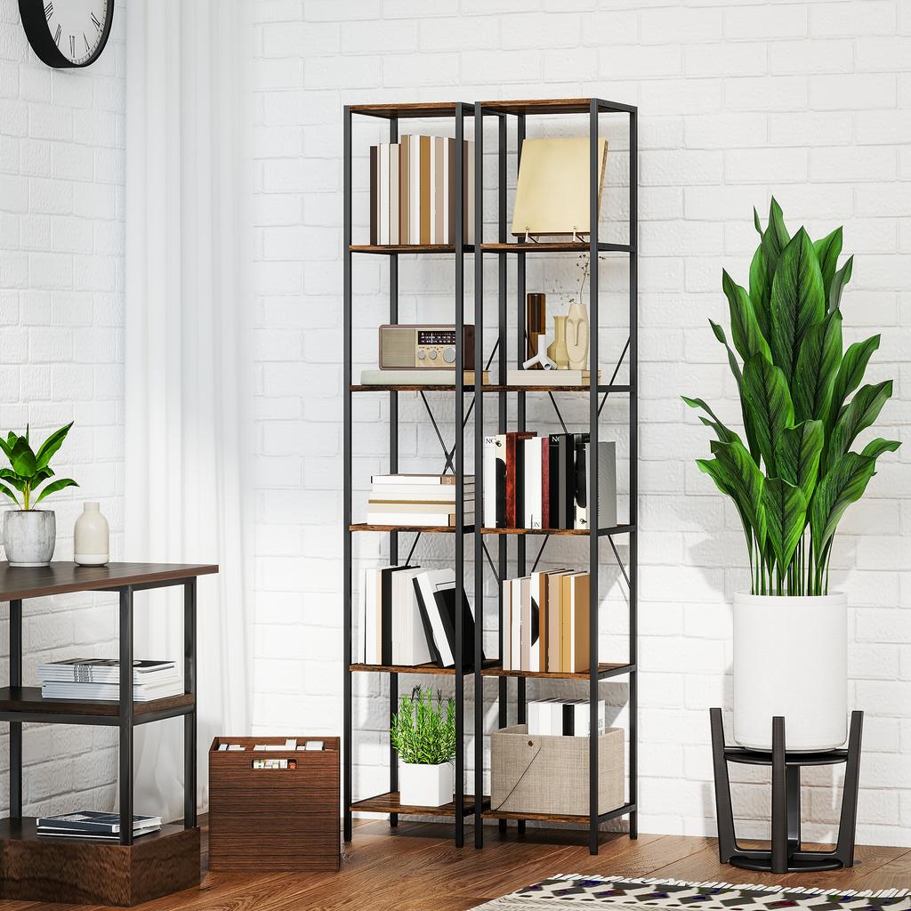 Set of 2 6-Level Bookshelves, Steel Frame, for Living Room, Office, Bedroom, Rustic Brown