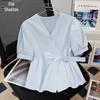 Women's Solid V-Neck Tie-Waist Pleated Short Sleeve Blouse