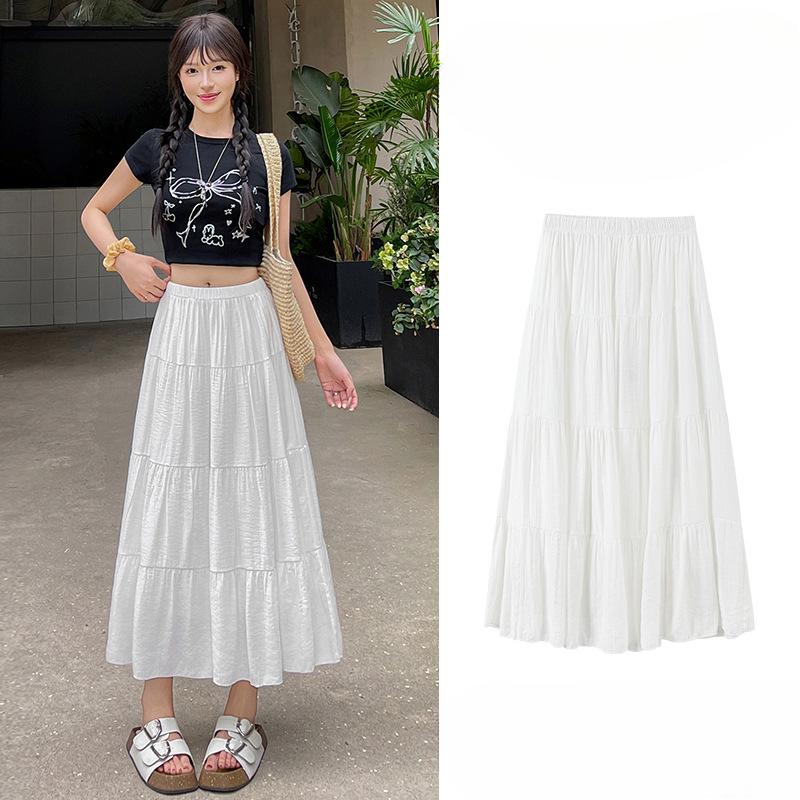 Women's Spring and Summer White Tiered Cake Skirt Elastic Waist A-Line High-Waisted Slimming Long Skirt Breeze Half Skirt