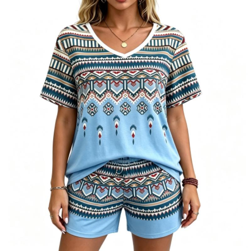 European Streets Summer Fashion Bohemian Ethnic Style Printed V-Neck Short Sleeved T-Shirt And Shorts Set Women's and Men's T-shirt Shorts Set