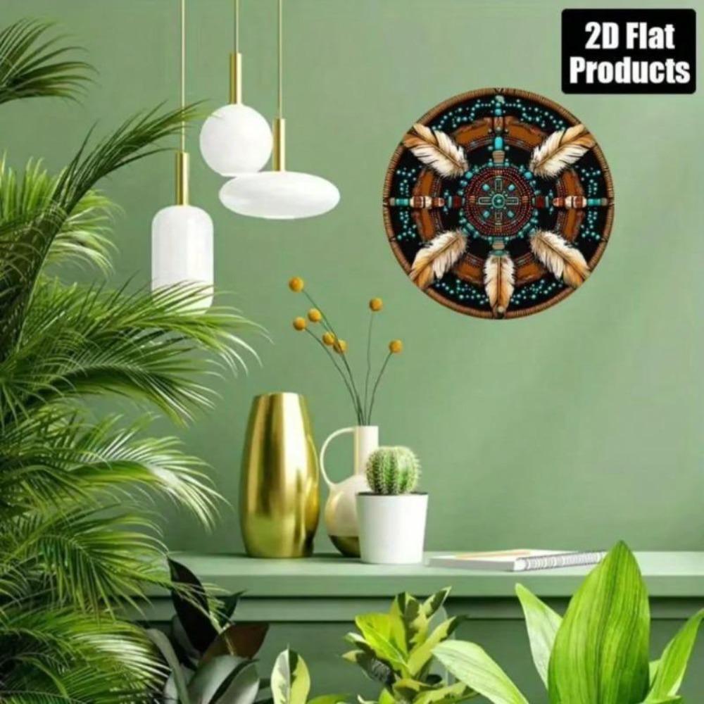 Turquoise Orange Brown Flat 2D Aluminum Wall Art Round Sign 8x8 Inch