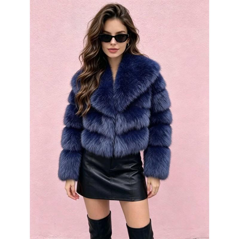 Womens Short Faux Fur Coat With Fox Hair Trim Collar Lapel Leather Patchwork Long Sleeve Winter Outerwear