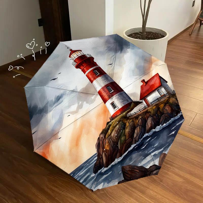 1pc Lighthouse Sea Automatic Folding Umbrella, Heavy Duty 8 Rib Iron Frame,  Suitable for Travel, Daily Use, Birthday, Decor Gift M0105115