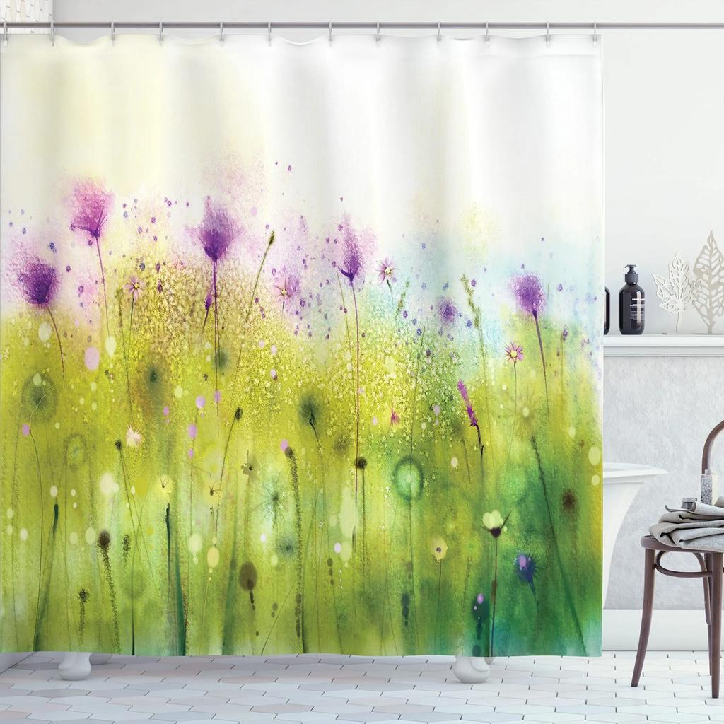 Waterproof Shower Curtain Stained Glass Meadow Flower Dragonfly Polyester Fabric Bath Curtain Home Hotel Bathroom Shower Curtain