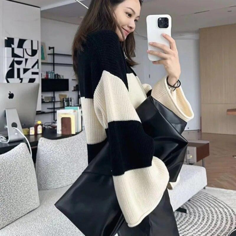 Maglione a Righe Pullover Donna Autunno/Inverno Top Popolare Girocollo Manica Lunga Largo Maglione Pullover in Maglia Lenta Coreano Femminile