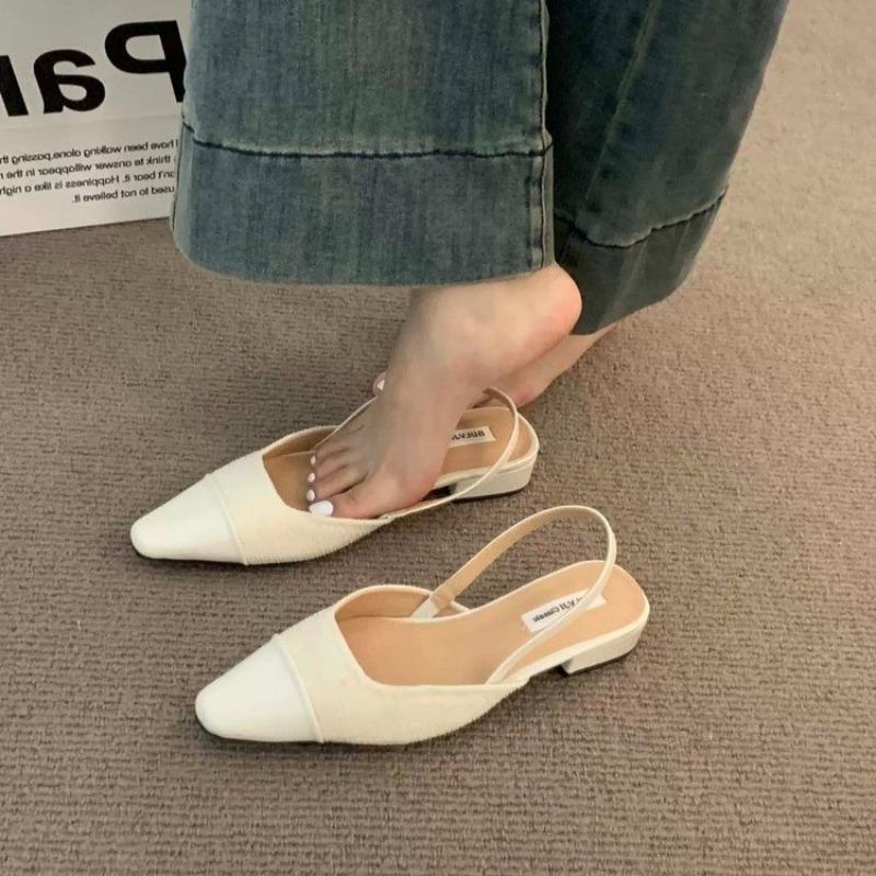Niedrige Absätze Baotou Sandalen Damen Französische Nude-Farbe Spitz Kleine Duftender Stil Slingback Dicke Absätze Rücken Luft Stil Einzelne Schuhe