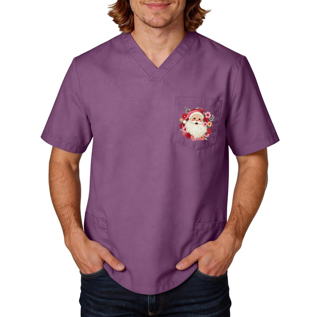Men's Christmas Print Scrub Top, Holiday Uniform for Caregivers and Nurses
