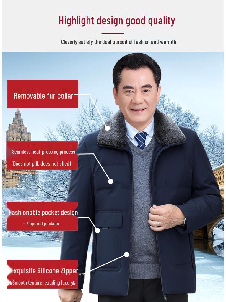 Men's Thickened Lapel Collar Down Jacket with Fleece Lining - Winter Short Style for Middle-Aged and Elderly