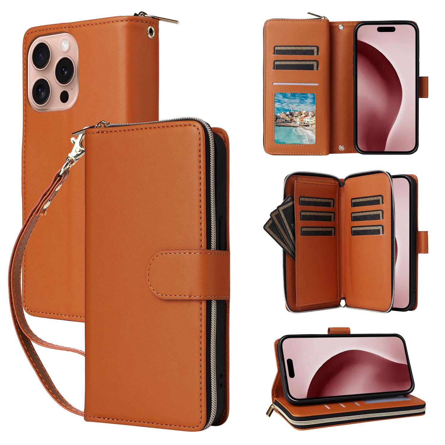 

R20 For iPhone 16 Pro Case Zipper Pocket Wallet Leather Phone Cover Brown