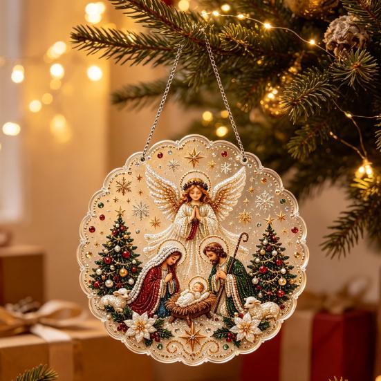 Holiday Window Hanging Decor Christmas Faux Pearl Painting Suncatcher Kit, 3D Nativity/Santa Claus/Bird/Tree Creative Handcrafts Beads Art Craft,