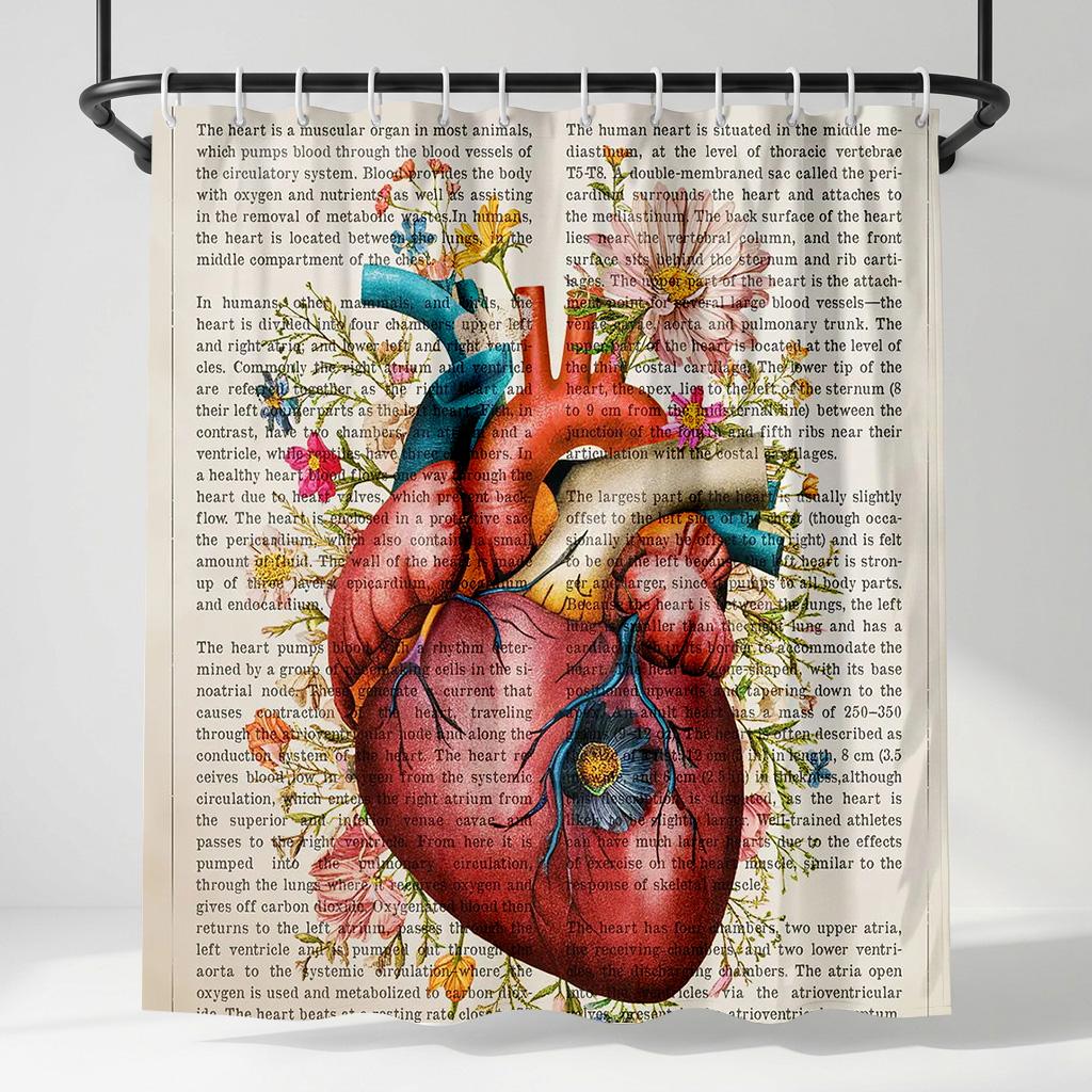 

Anatomical Heart Floral Shower Curtain - Vintage Dictionary Art Design - Indoor Home Bathroom Decor Artistic Bath Curtain W60H190(CM)-1 Pcs