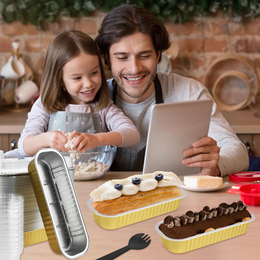 50/100Pack Mini Loaf Pans with Lids and Spoons 200ml Rectangle Aluminum Foil Oven Cake Container Baking Bread Muffin Dessert Tin