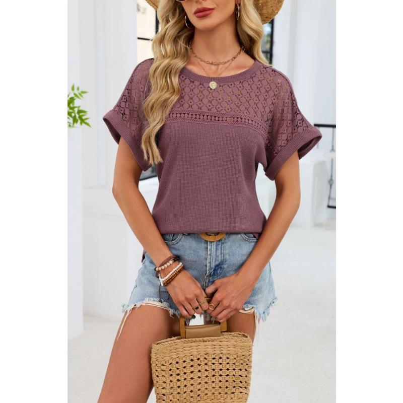 New Hollow Out Lace Patchwork Sweet Blouse Women Casual Simple Summer New Round Neck Shirts Ladies Loose Short Sleeved T-shirt Top for Women Clothing
