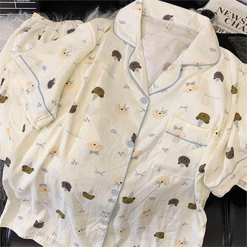 Set de pijamale de vară pentru femei cu pisicuță: Bumbac Nor Scutec cu Mânecă Scurtă, Pantaloni Scurți și Pantaloni Lungi