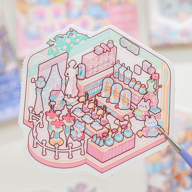 24sheets/bag 8in1 Cartoon Landscape Sticker Book DIY Scrapbook 3D Pocket Cabin Scene Stickers Gift For Kid Child