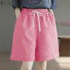 ZANZEA Women Casual Elastic Waist Loose Plaid Print Summer Shorts