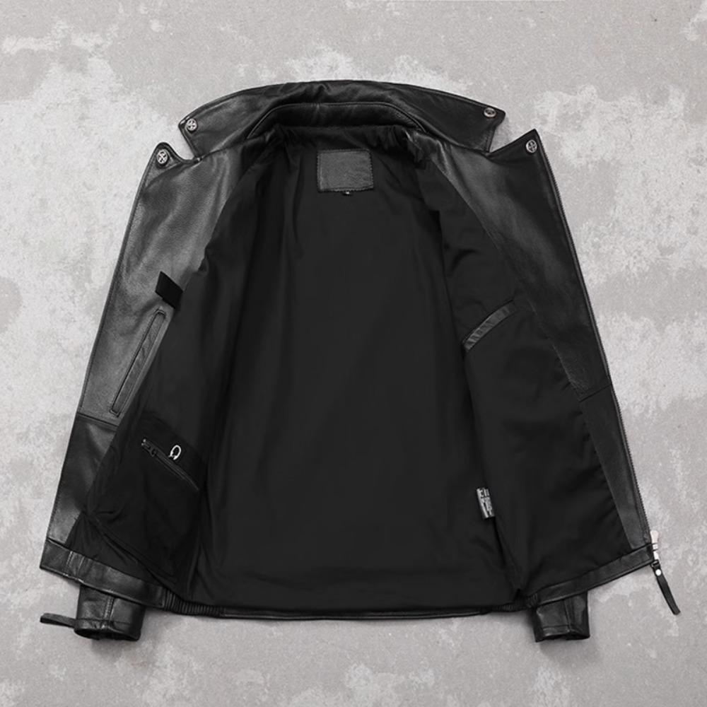 Chinese Size Motorcycle Cowhide Genuine Leather Jacket Men Slim Stone Milled Retro Jacket Calfskin Coat Men Moto Biker Riding Clothes