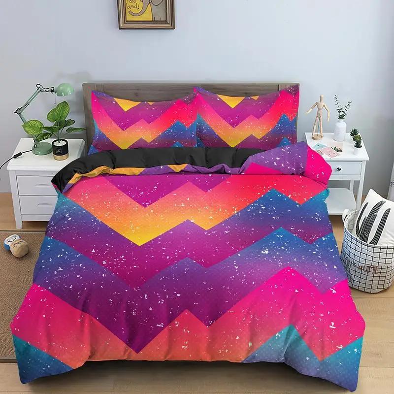 Geometriskt påslakanset Retro Morden Färg Neon King Queen Överkast örngott 2/3 st Psykedeliskt Polyester Sängklädesset