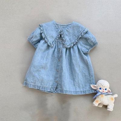 Robe en jean coréenne printemps/été pour fille avec revers en dentelle et manches bouffantes