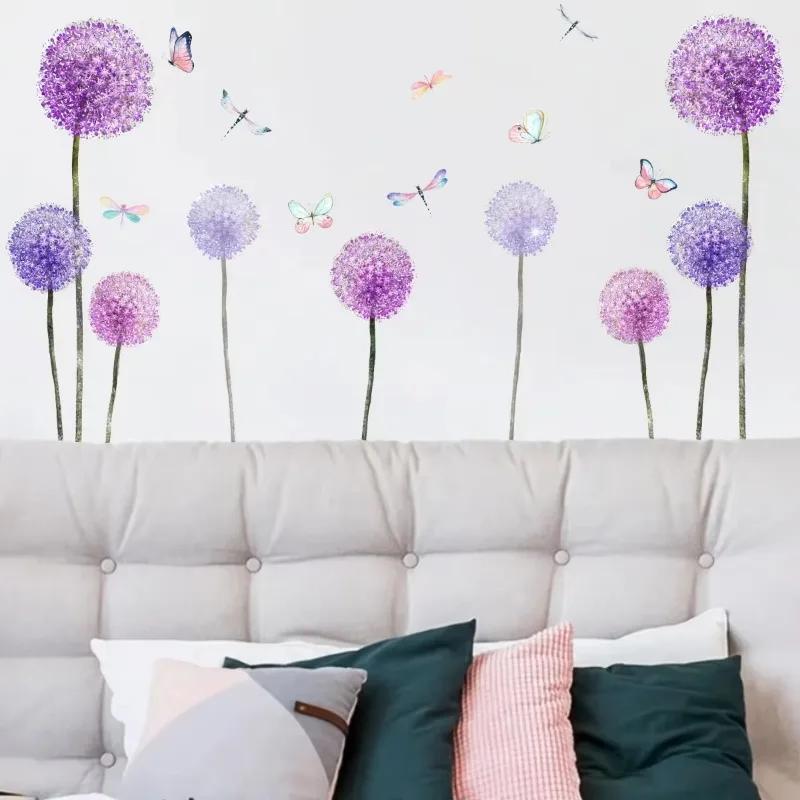 Purple Dandelion Butterfly Pattern Wall Stickers Home Decoration Stickers Accessories for Living Room Sofa Bedroom Background