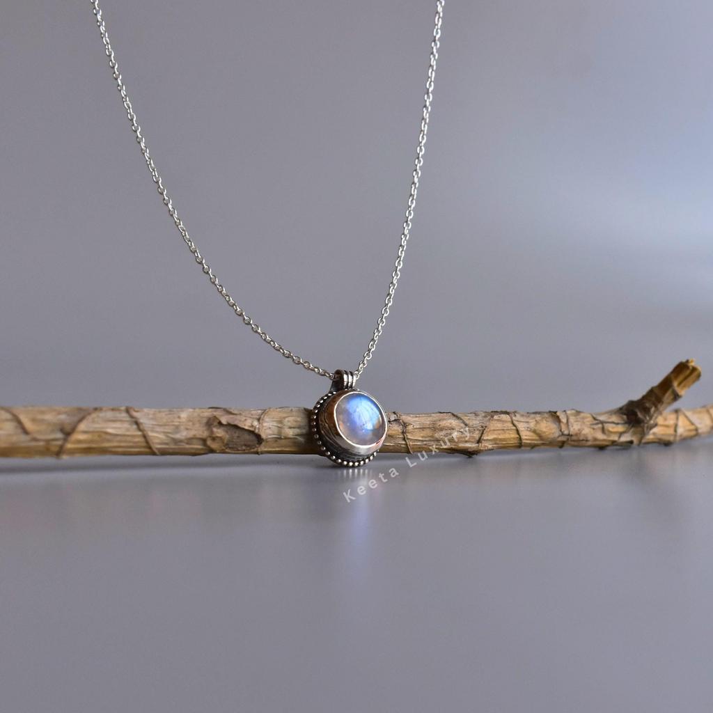 Natural Moonstone boho necklace Silver oxidized necklace for women Rainbow moonstone unique Healing crystal celestial ornaments for gift