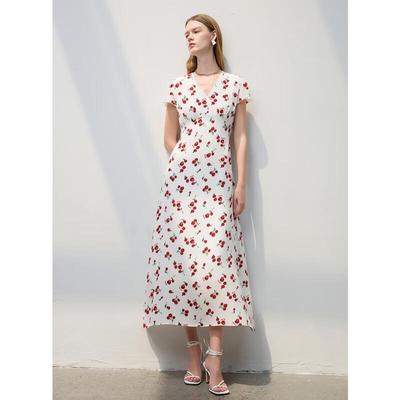 Sancai 2025 Summer Cherry Floral V-Neck A-Line Long Dress