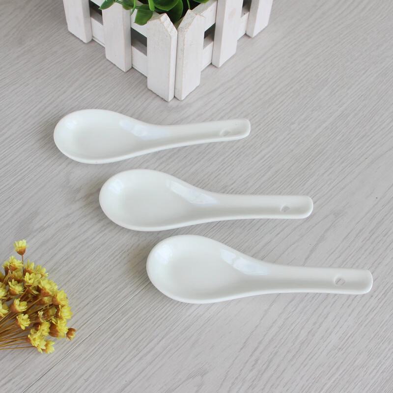 Pure White Ceramic Flat-Bottom Soup Spoons, Set of 10
