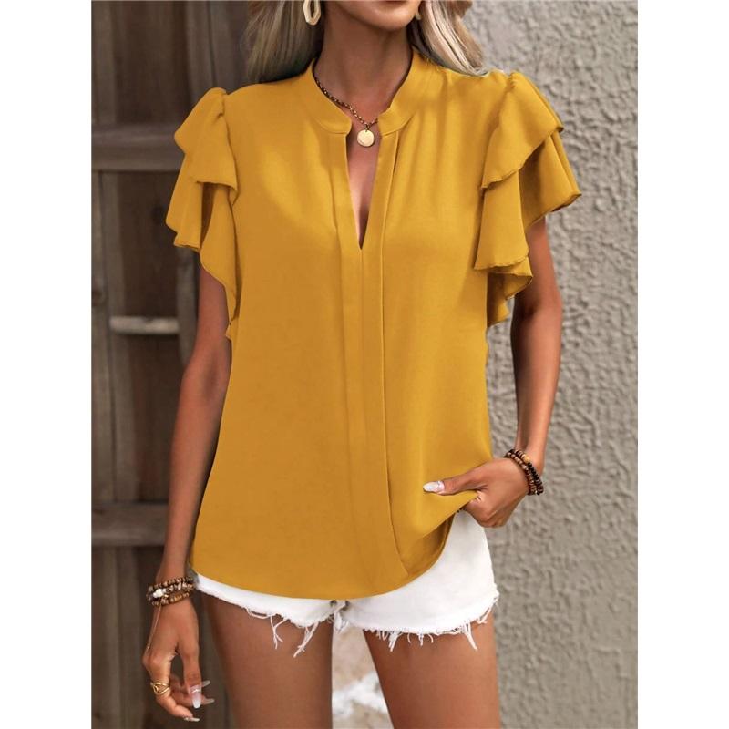 Summer New European And American V-neck Flying Sleeve Shirt Slim Fit And Slimming Chiffon Top