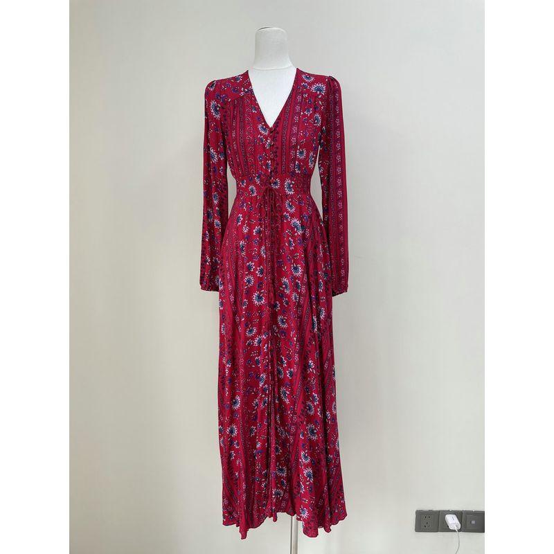 

Foreign Trade Original Garment Rusttydustty Retro Print Bohemian Fashion Sense Red Dress Vacation Long dress 1 Color XS