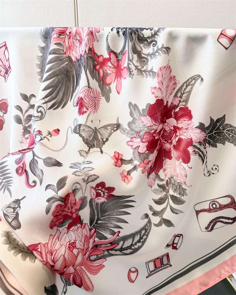 Luxury Square Silk Scarf for Women Floral Butterfly Print Bandana Fashion Shawl Hair Scarves Bag Ribbon for Beach Travel Daily