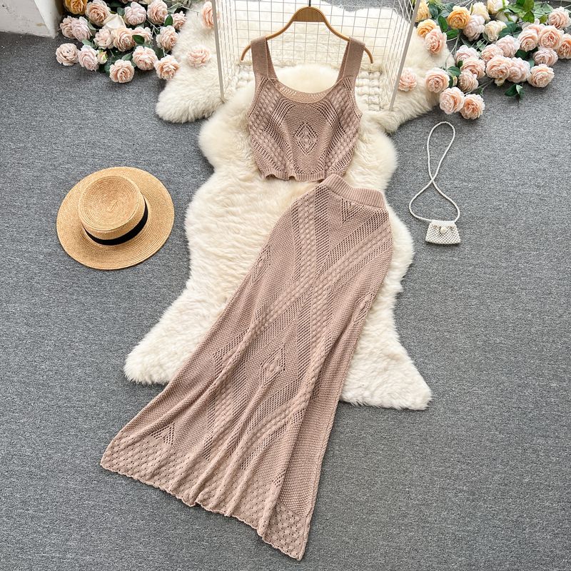 Women's Summer Cut Out Jacquard Camisole Knitting Suit