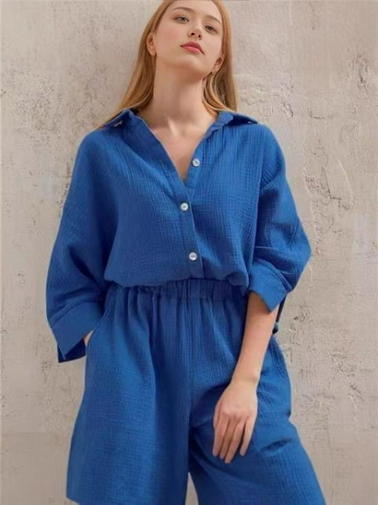 2025 Women's Summer Casual Pure Cotton Shirt and Shorts Set