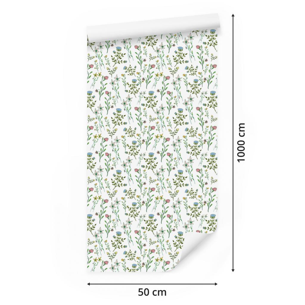 Wild Flowers Wallpaper White, Light Gray and Lime 50x1000