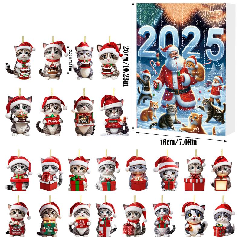 Kätzchen Adventskalender 2025 2D Acryl Katzenanhänger Weihnachtsbaumdeko 24 Tage Weihnachten Countdown Kalender Geschenk Für Katzenliebhaber